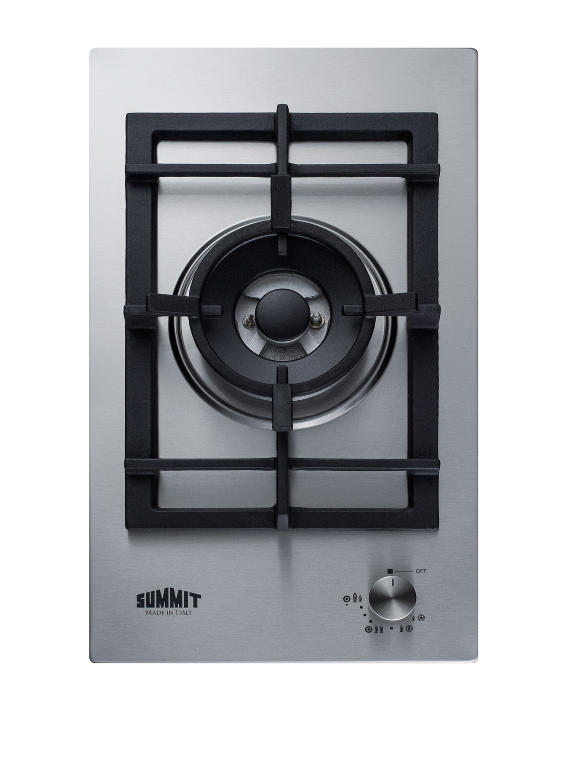 1-burner gas cooktop made in Italy with a sealed dual-burner, cast iron grate, and a 304 grade stainless steel surface